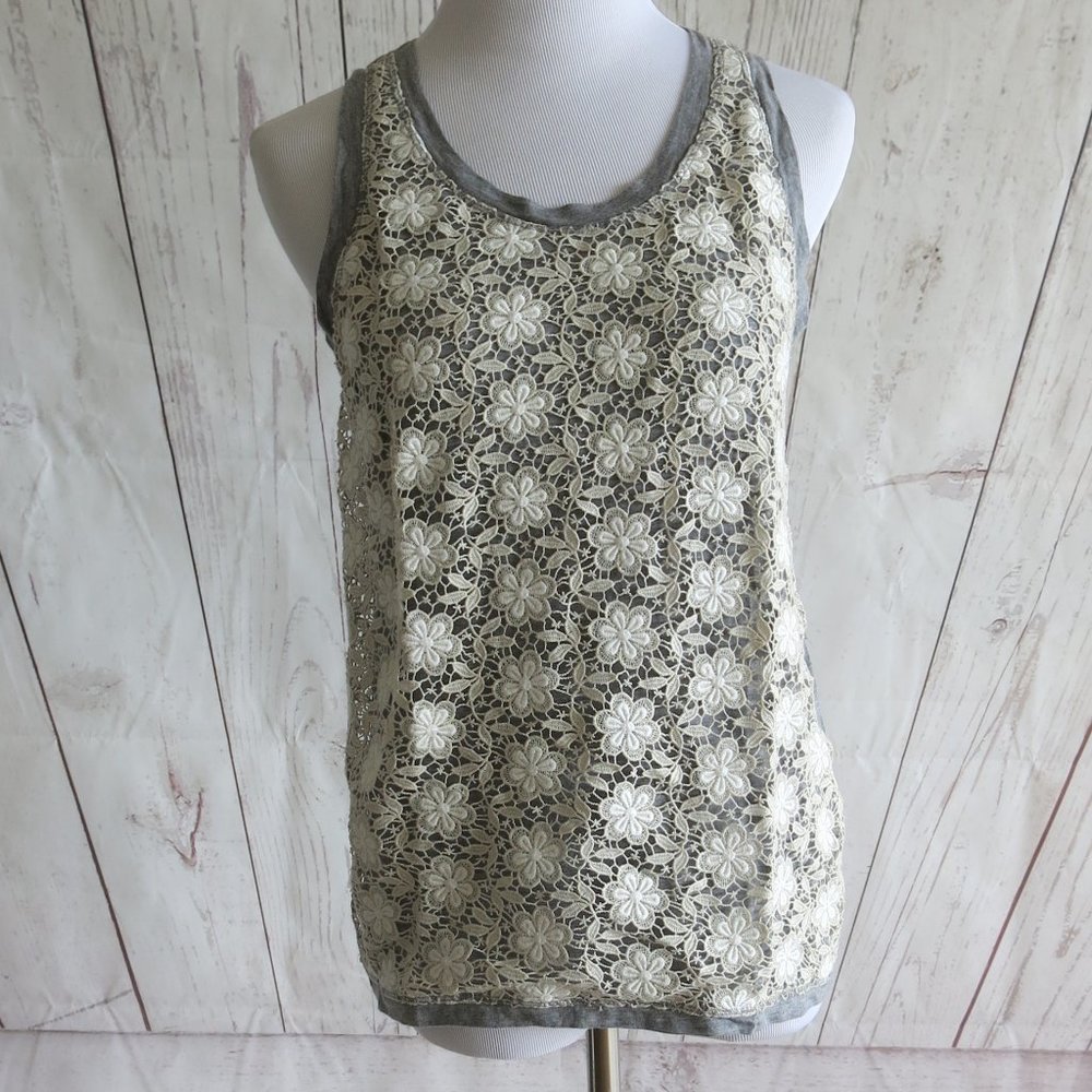 J.Crew Gray Beige Crochet Lace Floral Overlay Tank Top Blouse - Size Small